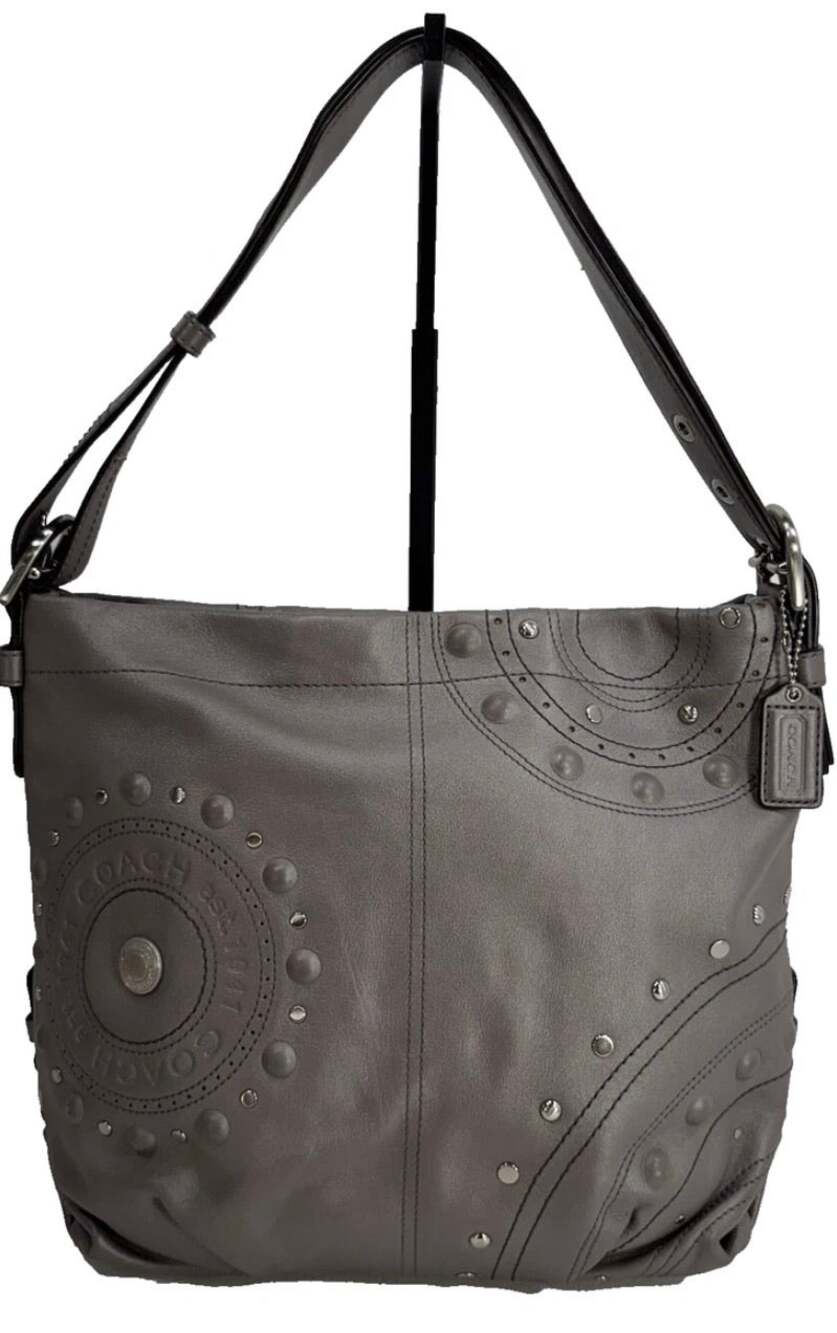 Y2K Edgy Chic Coach Madison Studded Leather Hobo Bag 2010 Metallic Gray Slouchy